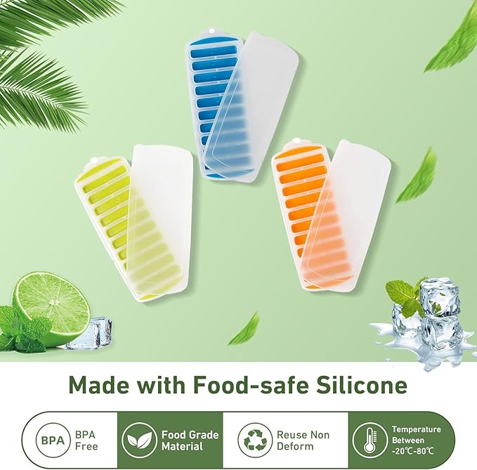 Water Bottle Silicone Ice Cube Tray by Lily's Home - 3-Piece Quick-Freeze Ice Trays with 10 Ice Cube Slots – Silicone Ice Cube Tray Set Makes 30 Ice Cubes, With Lids