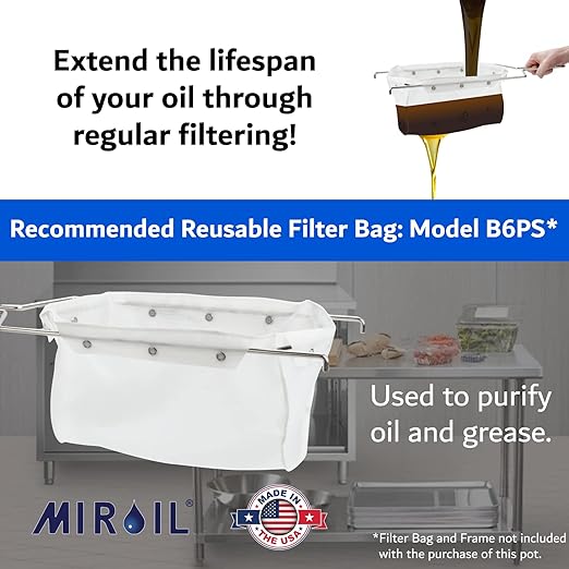 MirOil 7 Gal Grease Bucket & Oil Filter Pot, Made USA, Gasket Safety Lid with Lock Clips, Fryer Oil Capacity Up to 55 lbs. Low Profile To Fit Under Drain Valves, For Filtering of Hot Oil, 60L