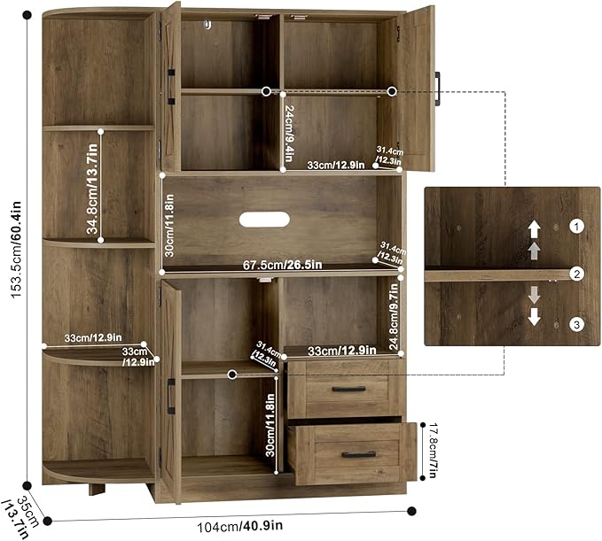 HOSTACK 60.4" Farmhouse Kitchen Pantry Storage Cabinet, Freestanding Hutch with Doors & Shelves, Buffet Sideboard with Microwave Stand, Coffee Bar with Drawers, Cupboard for Dining Room, Rustic Brown