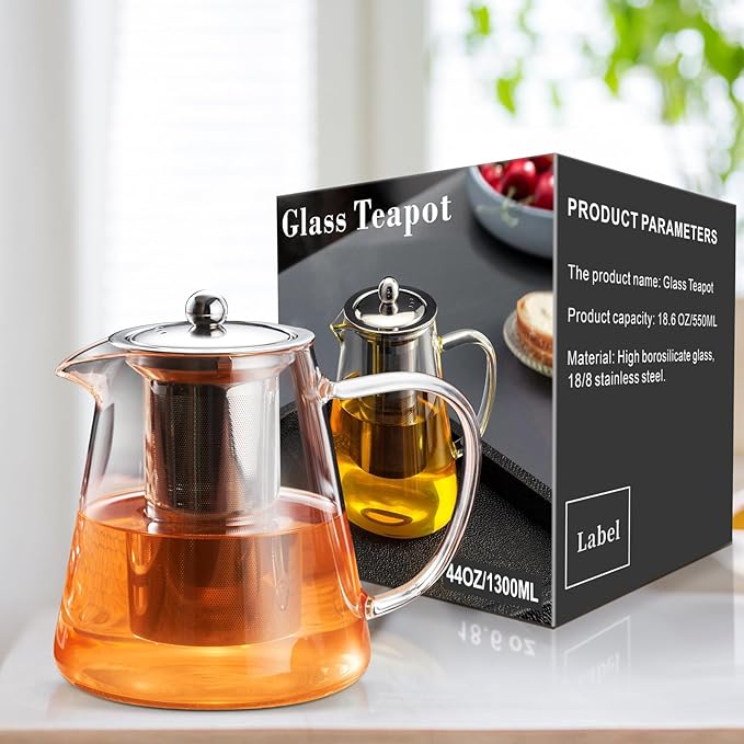 PARACITY Glass Teapot Stovetop 44 OZ, Borosilicate Clear Tea Kettle with Removable 18/8 Stainless Steel Infuser, Teapot Blooming and Loose Leaf Tea Maker Tea Brewer for Camping, Travel (1300ml)