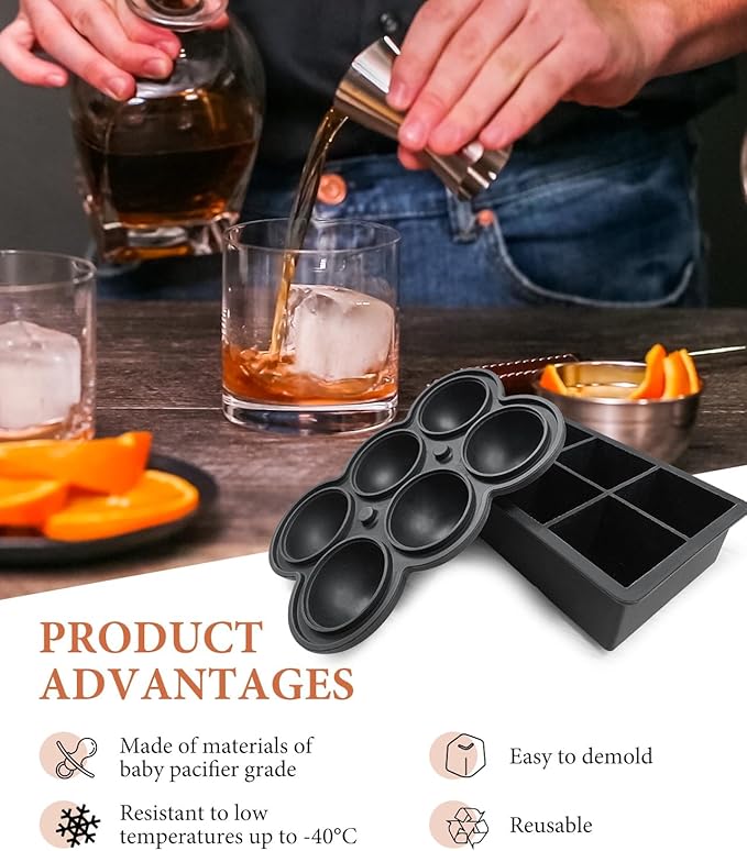 Dclobtop Ice Cube Trays, Silicone Ice Cube Molds for Freezer with Lid (Set of 3), 6 Ball Ice Cube Tray, 4 Diamond & 21-Ice Trays, Reusable Whiskey Ice Mold, DIY, BPA Free, Freezer