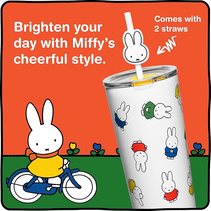 Dragon Glassware | Miffy 24 oz Vacuum Insulated Tumbler with Lid and Straw - Tumbler Cup with 2 Straws - Stainless Steel Tumbler with Straw Topper for Water, Iced Tea - Iconic