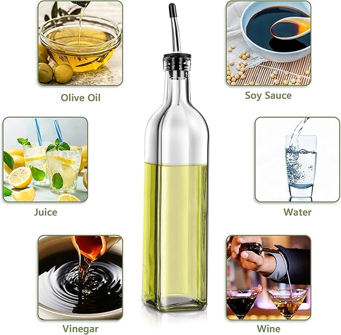 Olive Oil Dispenser Bottle, 1 Pcs Glass Olive Oil Dispenser and Vinegar Dispenser Set with 2 Stainless Steel Pourers, 2 Labels,1 Brush and 1 Funnel Oil Bottles for Kitchen (500ml)