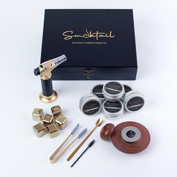 Cocktail Smoker Kit by Smoktail – Gold Luxury Edition for Infusing Bourbon & Whiskey – Old Fashioned Cocktails Smoker Set with Torch & 6 Flavor Wood Chips – Best Gift for Men & Women (Without Butane)