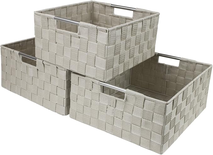 Sorbus Storage Box Woven Basket Bin Container Tote Cube Organizer Set Stackable Storage Basket Woven Strap Shelf Organizer Built-in Carry Handles (Beige)