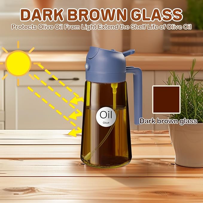 YARRAMATE 16oz/470ml Dark Brown Oil Sprayer for Cooking with Stickers, Food-grade Premium 2 in 1 Olive Oil Dispenser Bottle for Kitchen Gadgets, Air Fryer, Salad, Frying, BBQ (Navy)