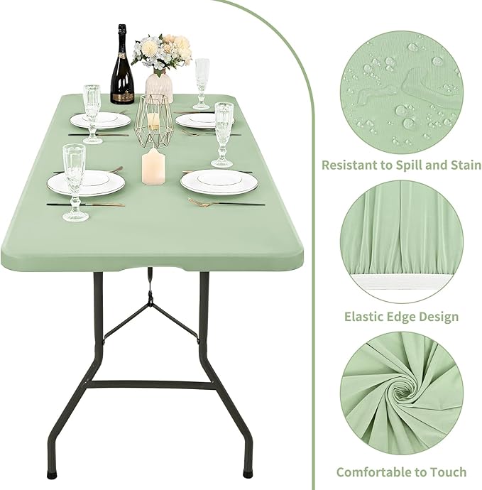 6 Pack Stretch Fabric Table Top Cap Cover, fits 6' Tables, Spandex Table Covers Washable Elastic Rectangle Tablecloth Protector for Indoor Outdoor Party Picnic Wedding, Sage Green, 30" W x 72" L