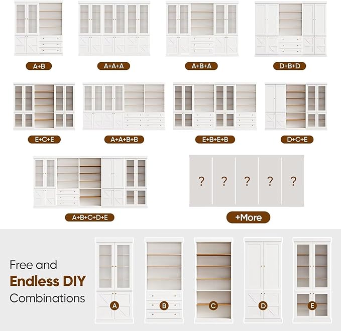 70.8" Bookshelf with Glass Doors, Farmhouse Modular Bookcase with 6-Tier Adjustable Shelves, Large Storage Cabinet for Living Room & Home Office, White