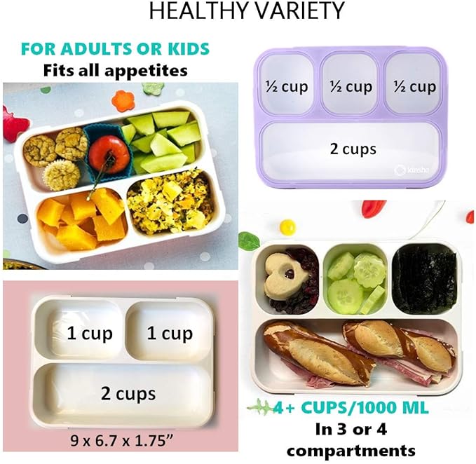 kinsho Bento-Box Lunch Box Kids Girls, Food and Snack Containers for Toddler Daycare, School Travel, Loncheras Para Ninas, Utensils Included (Purple Unicorn + Pink Flowers, 2 Pack)