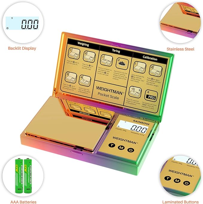 WEIGHTMAN Shiny Digital Gram Scale 200g x 0.01, Chrome Rainbow Mini Scale for Food Ounces and Grams, Iridescent Plating Pocket Scale, Small Jewelry Scale, Travel Scale, Backlit LCD, 6 Units