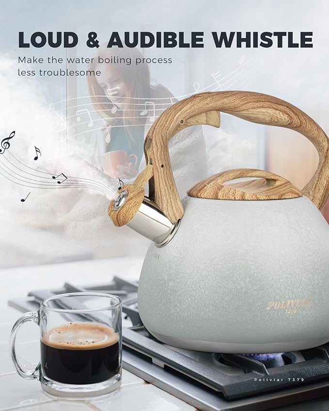 POLIVIAR Tea Kettle, 2.7 Quart Stovetop Tea Kettle, Audible Whistling Teapot with Crackle Finish, Food Grade Stainless Steel for Anti-Rust, Anti Hot Handle, Suitable for All Heat Sources (JX2023-LYW)
