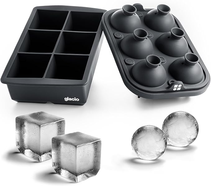 Glacio Ice Cube Molds – Large Silicone Ice & Sphere Mold Combo with Built-In Easy-Fill Funnel 2-Inch Round & Square Whiskey Ice Molds for Cocktails & Bourbon