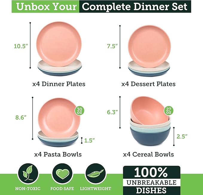 Grow Forward 16-piece Premium Wheat Straw Dinnerware Sets for 4 - Unbreakable Dishwasher & Microwave Safe Plastic Plates and Bowls Sets - Patio, Outdoors, RV, Camping Dishes - Tropical