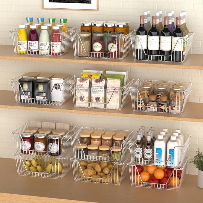 SANNO 14" Stackable Baskets Pantry Bins Storage Baskets Metal Wire Basket, Storage Organizer Basket Open Front for Kitchen Cabinets, Pantry, Closets, Bedrooms, Bathrooms 3 Pack