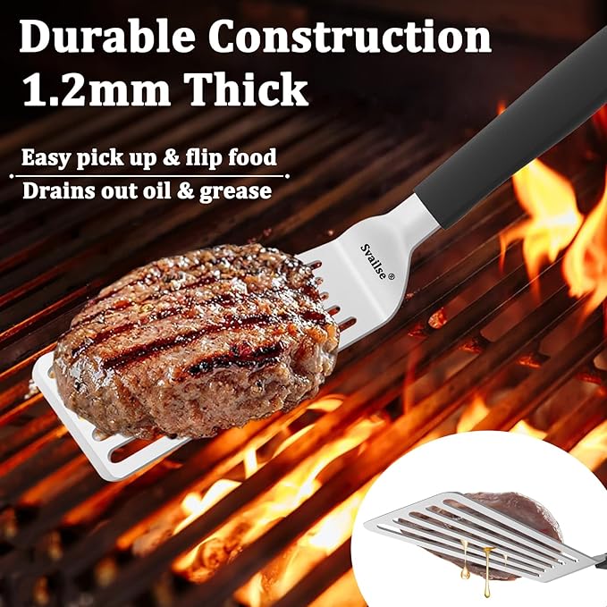 Fish Spatula Stainless Steel, 2Pcs Thickened Metal Spatulas, Slotted Turner with Silicone Handle for Cooking, Grilling, Flipping, Egg, Cookie, Pancake and Burger (Small and Large)
