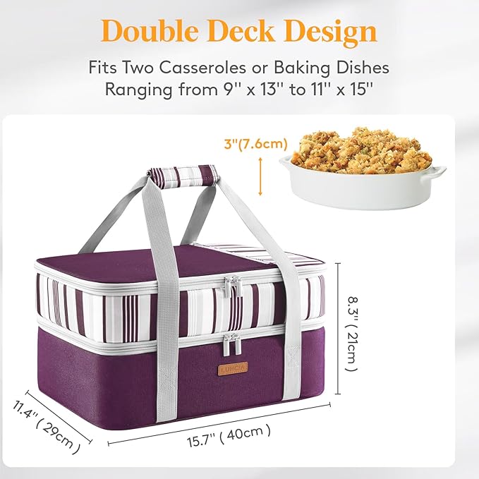 LUNCIA Double Decker Insulated Casserole Carrier for Hot or Cold Food, Lasagna Lugger Tote for Potluck Parties/Picnic/Cookouts, Fits 9"×13" Baking Dish, Purple