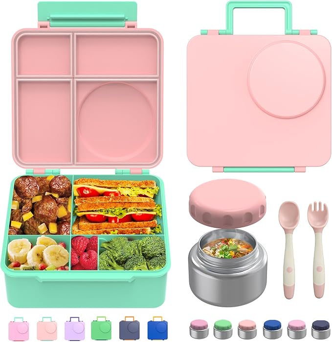 Bento Box for Kids - Leak-Proof Bento Lunch Box with Insulated Thermos Food Jar - 4 Compartments, 1 Removable Divider, 1Spoon, 1 Fork - Dishwasher Safe, BPA-Free (Light pink)