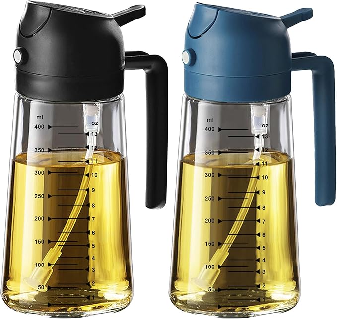 TrendPlain 16oz/470ml Glass Olive Oil Sprayer for Cooking – 2 in 1 Olive Oil Dispenser Bottle for Kitchen Gadgets and Air Fryer Accessories, Salad, BBQ - Black & Navy