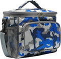 FlowFly Insulated Reusable Lunch Bag Adult Large Lunch Box for Women and Men with Adjustable Shoulder Strap,Front Zipper Pocket and Dual Large Mesh Side Pockets,BlueCamo