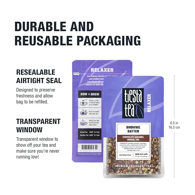 Tiesta Tea Brownie Batter, Premium Loose Leaf, Chocolate Caramel Herbal Tea Blends, Non-Caffeinated Herbal Drink, Real Fruit, Herbs, Spices, Hot or Iced Brew Up to 20-25 Cups, 3oz Resealable Pouch