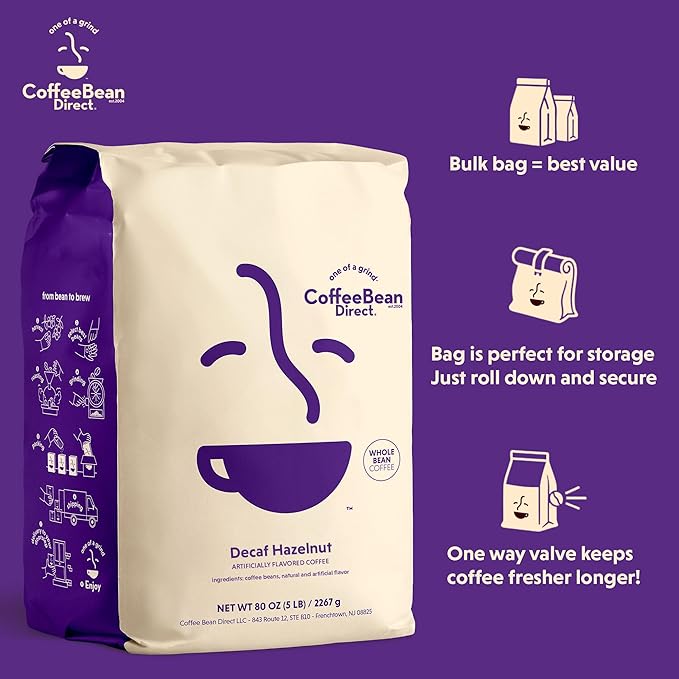 Coffee Bean Direct Decaf Hazelnut Flavored, Whole Bean Coffee, 5 Pound Bag (Pack of 1)