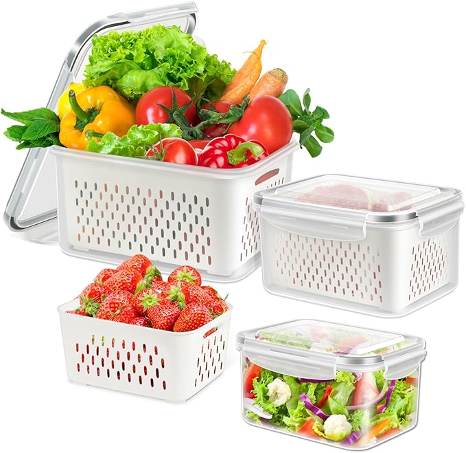 3 Pack Fridge Berry Storage Container with Lids with Strainer, Plastic Fresh Produce Saver Keeper for Vegetable Fruit Meat Lettuce, BPA Free Kitchen Refrigerator Organization (3.15L+1.7L+0.8L)