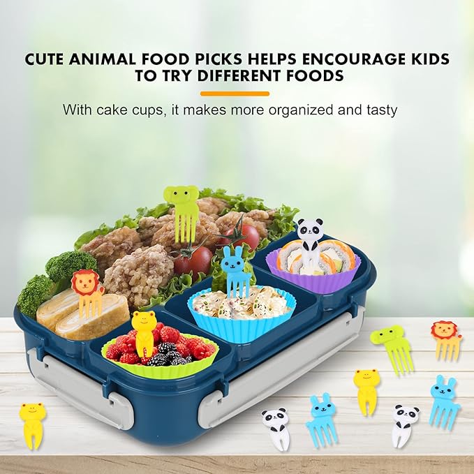 Bento Box, Lunch Box Kids, 1300ML Adult with 4 Compartment &Food Picks &Cake Cups, Containers for Adults/Kids/Toddler, Leak-Proof, Microwave/Dishwasher/Freezer Safe(Blue)