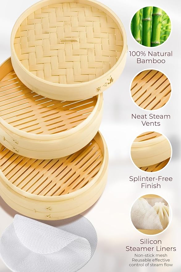 Prime Home Direct Bamboo Steamer Basket 10-Inch | 2-Tier Steamer for Cooking | 50 Liners, Chopsticks, Sauce Dish | Steaming Asian Food, Bao Buns, Chinese, Dim Sum, Dumpling, Rice, Vegetable Steam Pot