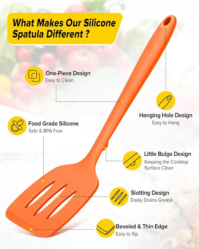 Pack of 2 Silicone Spatula Turners, Non Stick Slotted Kitchen Spatula Set, Heat Resistant BPA Free Kitchen Utensils, One-Piece Design, Suitable for Flipping Fish, Eggs, Steak, Pancakes (ORANGE)
