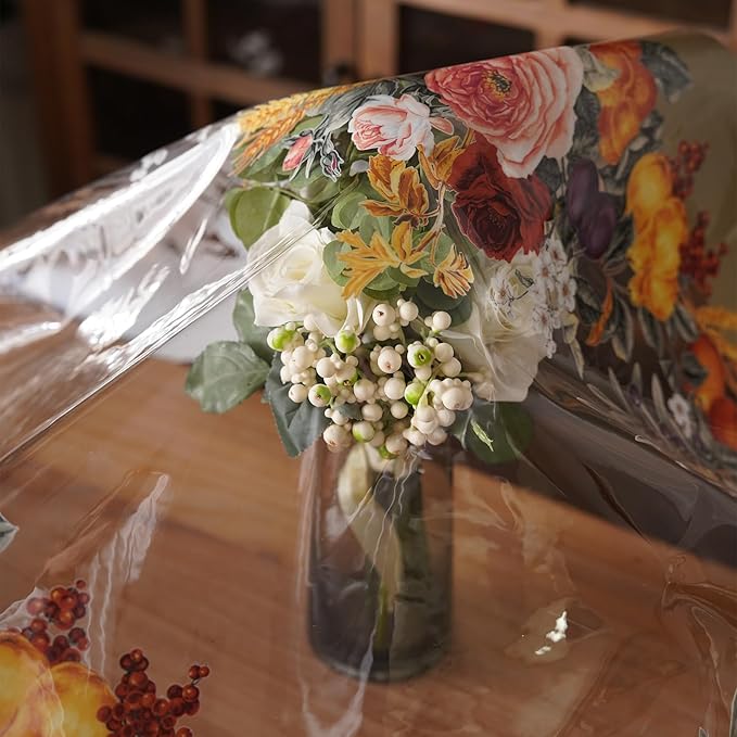 Clear Table Cover Protector Vinyl PVC Rectangle Table Cloth Oil Spill Proof Plastic Tablecloths for Dining Tables Parties Holidays (Floral Fruit, 60 x 104 Inches)