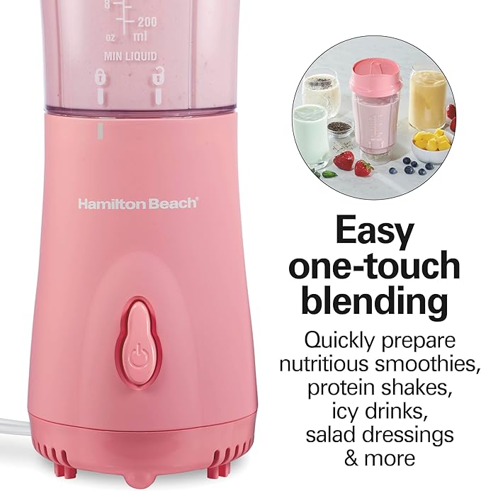 Hamilton Beach Portable Blender for Shakes and Smoothies, 14 Oz BPA Free Travel Cup & Lid, Durable Stainless Steel Blades, Personal Smoothie Blender, Coral (51171)
