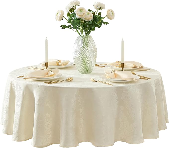Newbridge Barcelona Luxury Damask Fabric Tablecloth, 108” Round, Antique White, 100% Polyester, No Iron, Soil Resistant Dining Room, Party and Banquet Table Cover