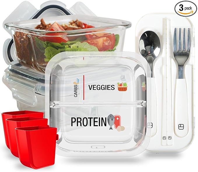 Portion Control Containers for Bariatric Meals – 8 oz Glass Meal Prep Containers with Two 4 oz Compartments and Lids (3 Pack), Reusable Bento Lunch Boxes