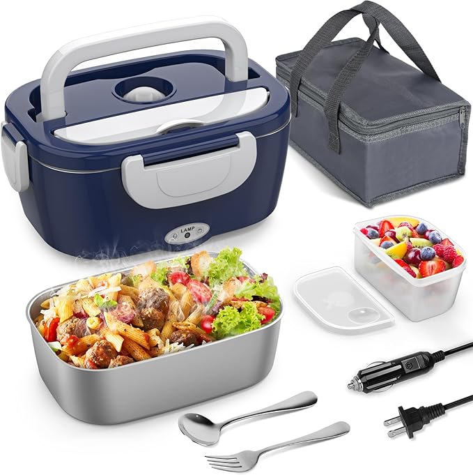 Vingud Electric Lunch Box Food Heater, 3 in 1 Heating Lunch Box for Work/Car/Truck, Heated Lunch Boxes for Adults with 1.5L Stainless Steel Container, 12V 24V 110V (Blue + White)