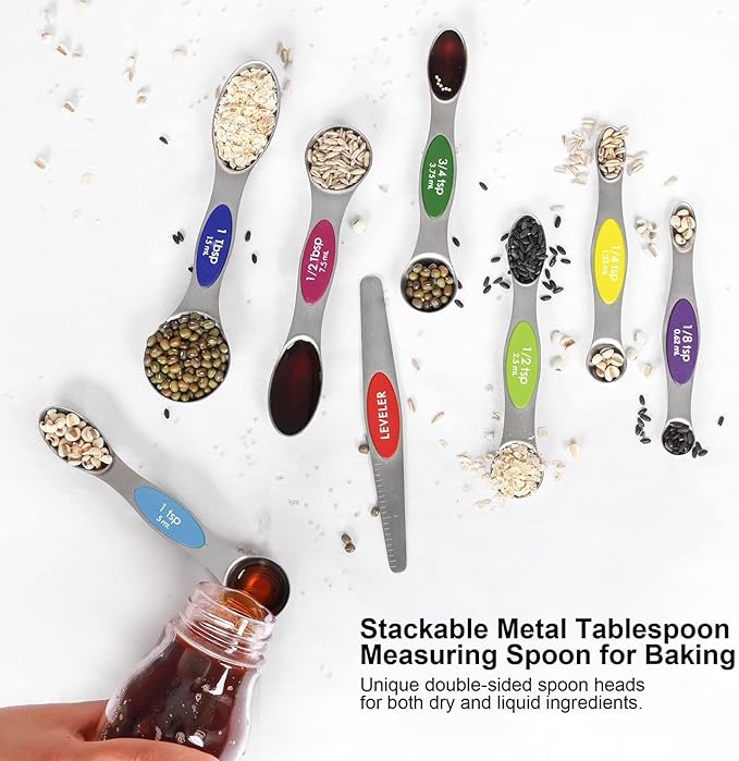 Magnetic Measuring Spoons Set Stainless Steel with Leveler, 9pcs Multicolors Measuring Cups Set for Baking, Measuring Cups and Spoon Set Kitchen Gadgets Apartment Essentials Fits in Spice Jars