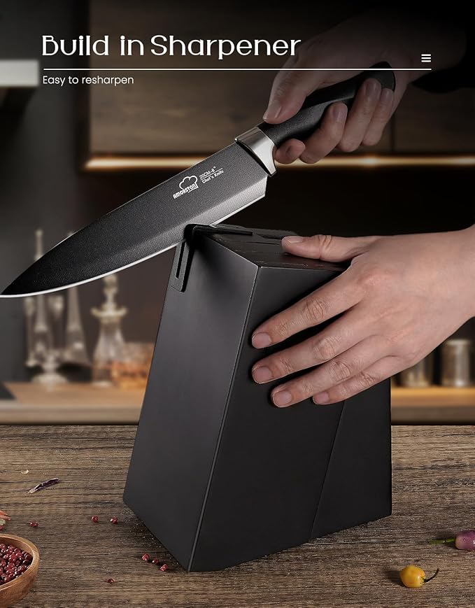 Knife Set, Amorston 15 Pieces Knife Sets for Kitchen with Block, Dishwasher Safe Kitchen Knife Set with Built in Sharpener Block, German Stainless Steel Knife Block Set, Black