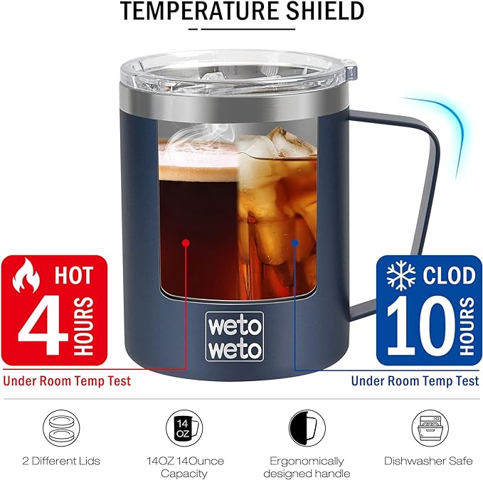WETOWETO 14 oz Coffee Mug, Vacuum Insulated Camping Mug with Lid, Double Wall Stainless Steel Travel Tumbler Cup, Coffee Mugs Outdoor, Navy Blue & Rose Gold 2 Packs