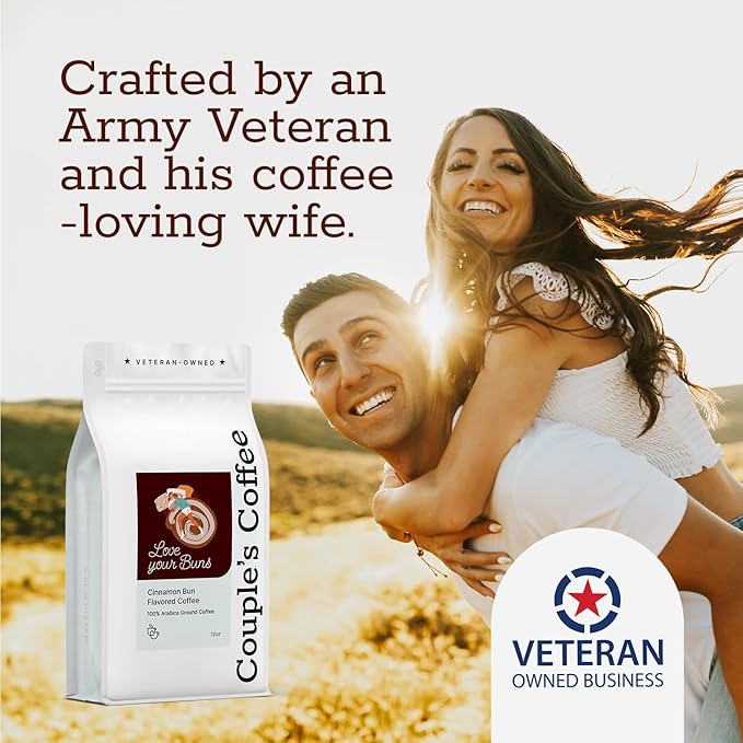 Couple’s Coffee Flavored Ground Coffee | Medium Roast Cinnamon Bun Flavored Coffee | Gives Back to Military Families | Love Your Buns | Made with 100% Arabica Beans | 12oz bag