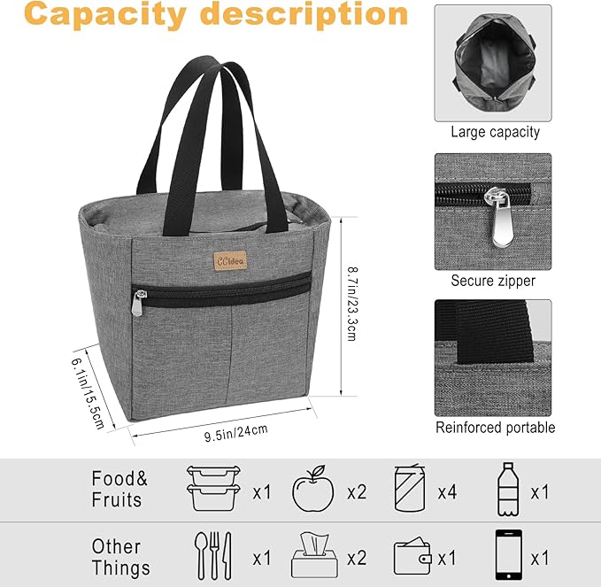 CCidea Lunch Bag for Women Men, Simple Insulated Lunch Box, Reusable Lunch Boxes for School Work Travel (Gray, Medium)