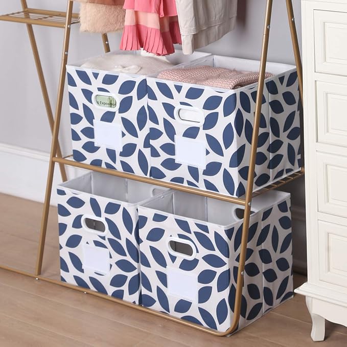 MAX Houser Fabric Storage Bins Cubes Baskets Containers with Dual Plastic Handles for Home Closet Bedroom Drawers Organizers, Flodable, Blue, Set of 4
