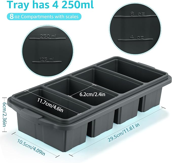 Silicone Freezer Tray With Lid - Silicone Freezer Food Molds- Large Ice Cube Tray,Silicone Freezer Container,Freeze & Store Soup, Sauce, Broth,Leftovers - Makes 4 Perfect 1 Cup