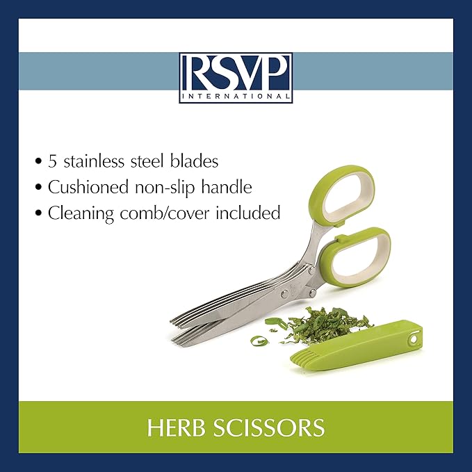 RSVP International Kitchen Tool Collection Herb Scissors with Protective Cover/Blade Cleaner, Dishwasher Safe, 7.75x3.25"