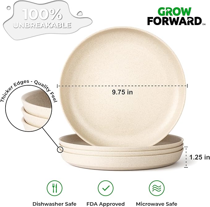Grow Forward Premium Wheat Straw Plates and Bowls Sets - 8-Piece Wheat Straw Dinnerware Sets - Unbreakable & Reusable Microwave Safe Plastic Dinner Plates for Outdoors, RV, Camping Dishes - Sahara