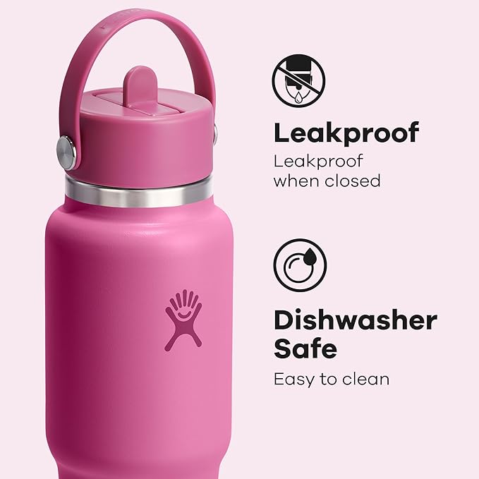 Hydro Flask Travel Water Bottle - Insulated Stainless Steel - Wide Straw Lid, Non Spill, Leakproof in 32 Oz Reef Pink