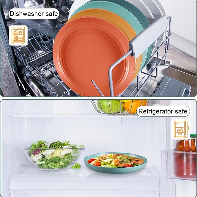 12 Pcs Unbreakable Deep Dinner Plates Set, 9 inch Reusable Plastic Wheat Straw Plates, Microwave and Dishwasher Safe Plate for Kitchen, Lightweight Plate for Dessert, BPA Free, 6 Colors