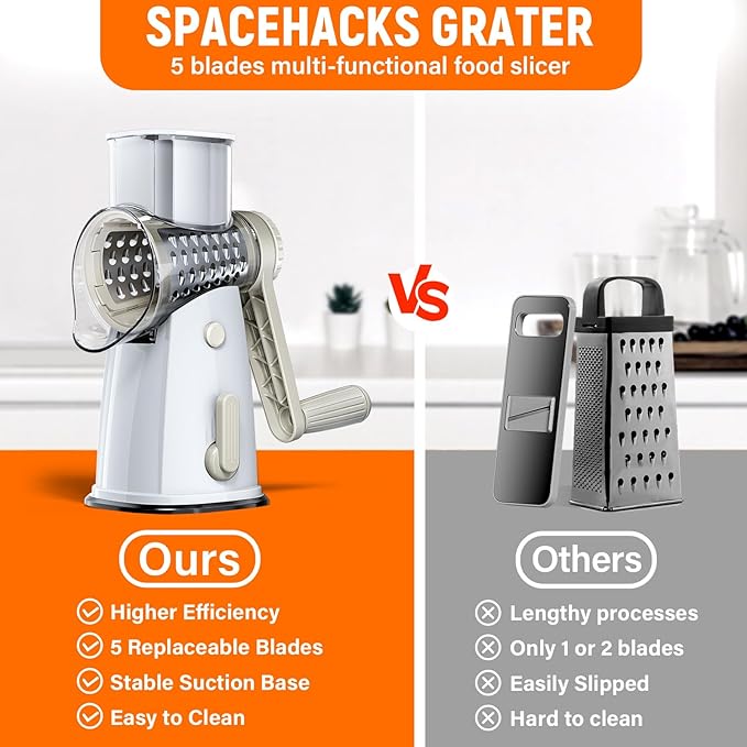 Rotary Cheese Grater Hand Crank with 5 Interchangeable Blades, Vegetable Slicer Chopper for Fruit Vegetable Nuts, Mandoline Slicer for Kitchen with Blades Rack & Suction Base, White