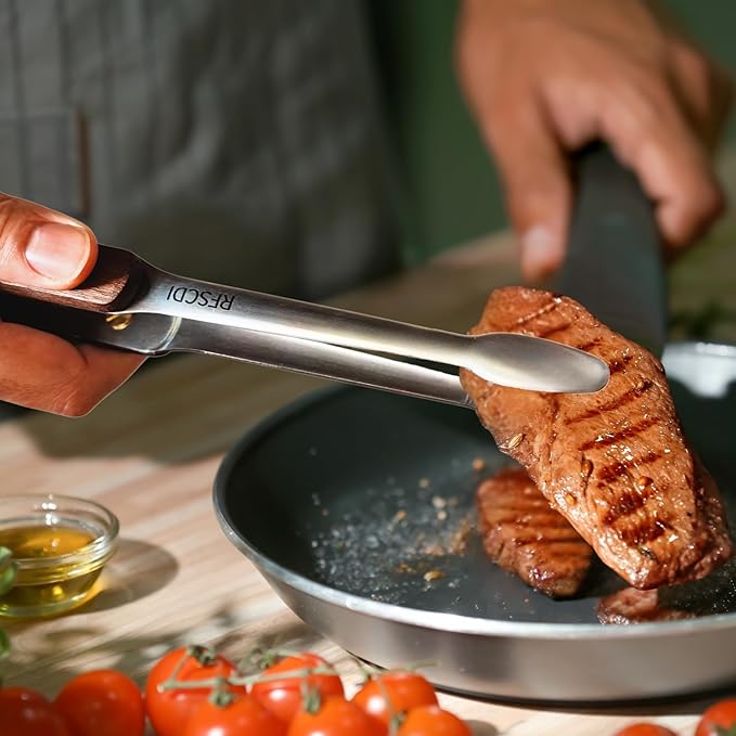 2 Pack Tongs for Cooking - 304 Stainless Steel & Walnut Wood, Comfortable Grip, Non-Slip Design, High Heat Resistant - Ideal for Kitchen, Barbecue & Frying Steak,9 Inch, silvery & back