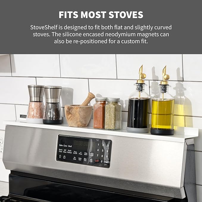 StoveShelf 24" Apartment Length White Magnetic Shelf for Kitchen Stove - Kitchen Storage Solution with Zero Installation - Over Stove Spice Rack Organizer