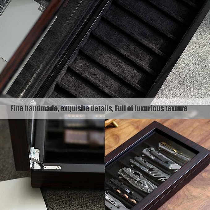 Knife Display Case Organizer storage 8 pocket knives, Folding Knife Holder with Real Glass Window Top， Pocket knife collection box for men gift (Ebony Veneer 8 slot)