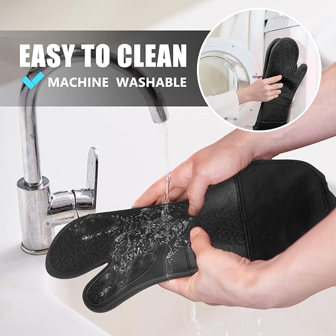 Rorecay 6pcs Oven Mitts and Pot Holders Sets Heat Resistant 500 Degrees, Extra Long and Non-Slip Silicone Oven Gloves Potholders Hot Pads for Kitchen Baking Cooking, Quilted Liner, Black